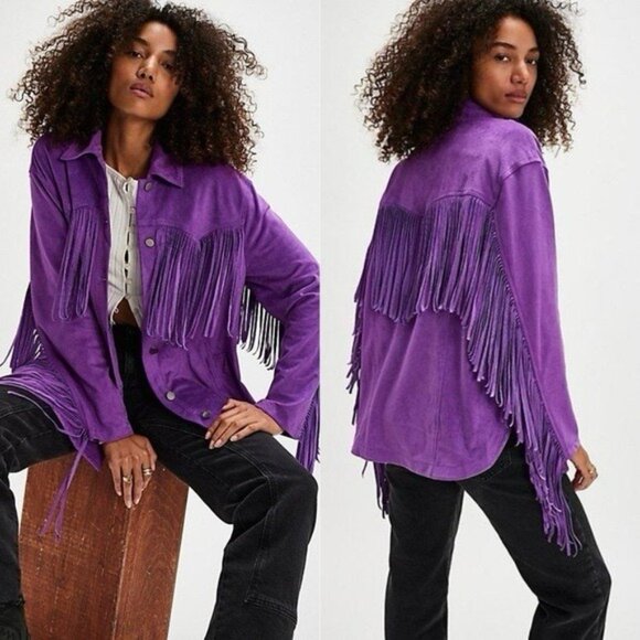 Free People Fringe Vegan Leather Jacket Western Boho Gypsy Oversized Cowgirl - Picture 1 of 11